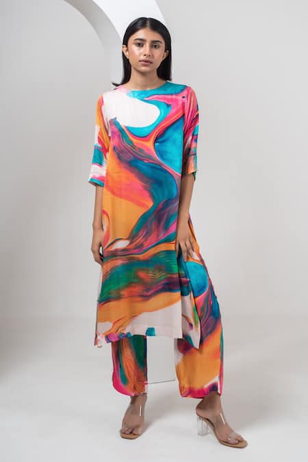 Merakus Multi Color Modal Silk Printed Abstract Round Kurta And Pant Set 