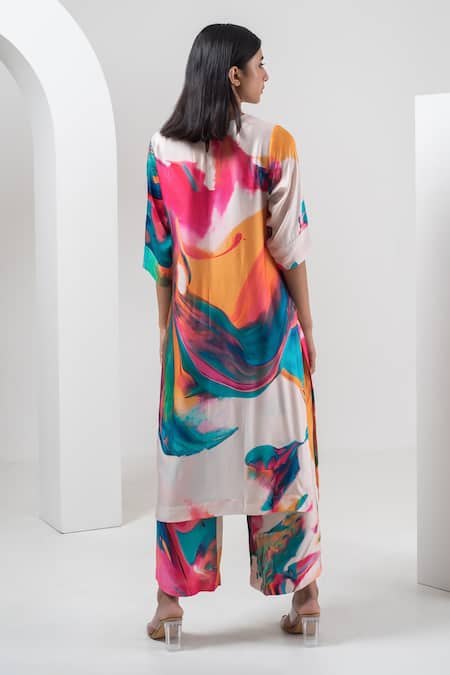 Shop_Merakus_Multi Color Modal, Silk Round Neck Abstract Print Kurta And Pant Set _at_Aza_Fashions