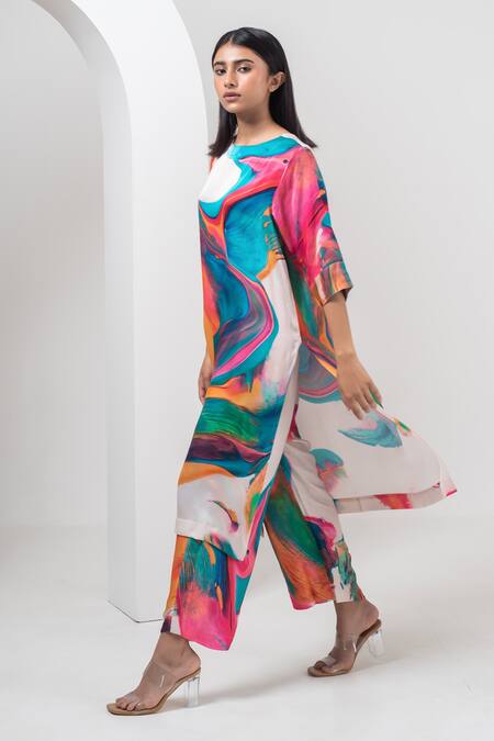 Shop_Merakus_Multi Color Modal, Silk Round Neck Abstract Print Kurta And Pant Set _Online_at_Aza_Fashions