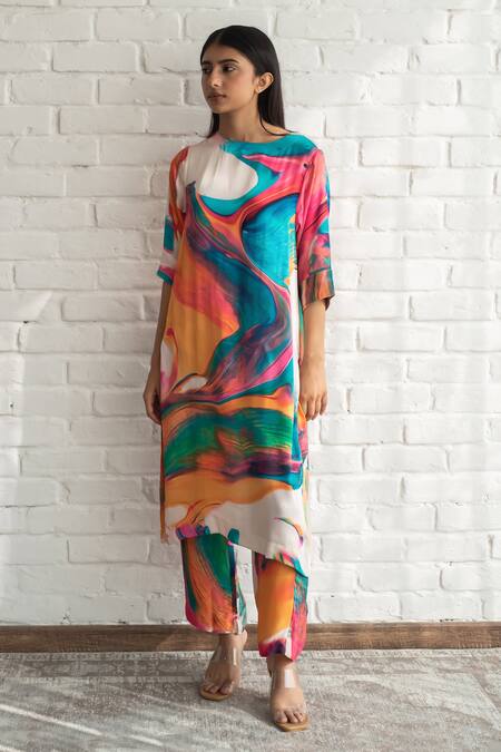 Merakus_Multi Color Modal, Silk Round Neck Abstract Print Kurta And Pant Set _at_Aza_Fashions