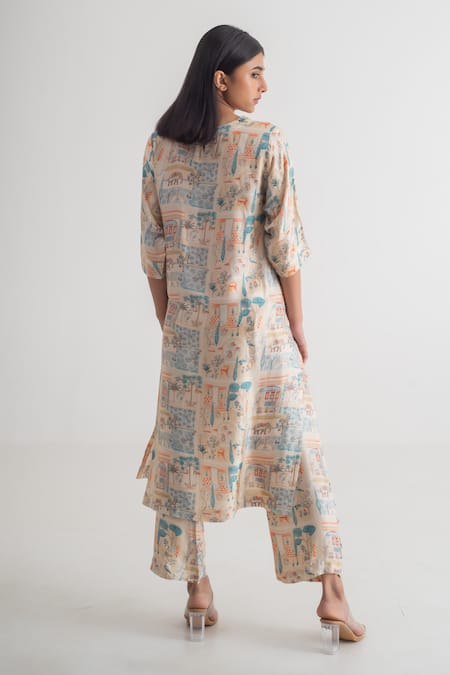 Shop_Merakus_Multi Color Modal, Silk Round Neck Imperial Print Kurta And Pant Set _at_Aza_Fashions