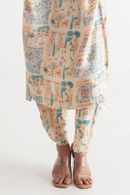 Merakus_Multi Color Modal, Silk Round Neck Imperial Print Kurta And Pant Set _Online_at_Aza_Fashions