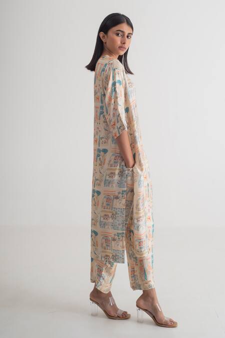 Buy_Merakus_Multi Color Modal, Silk Round Neck Imperial Print Kurta And Pant Set _Online_at_Aza_Fashions