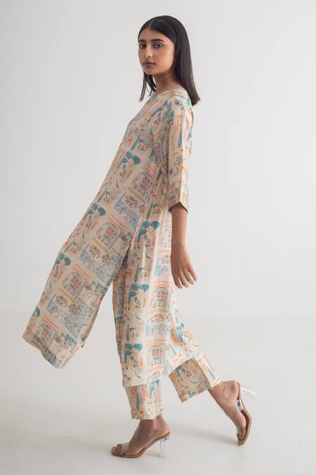 Shop_Merakus_Multi Color Modal, Silk Round Neck Imperial Print Kurta And Pant Set _Online_at_Aza_Fashions