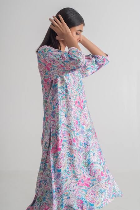 Buy_Merakus_Multi Color Modal, Silk Embroidery Round Neck Doodle Print Kurta And Pant Set _Online_at_Aza_Fashions