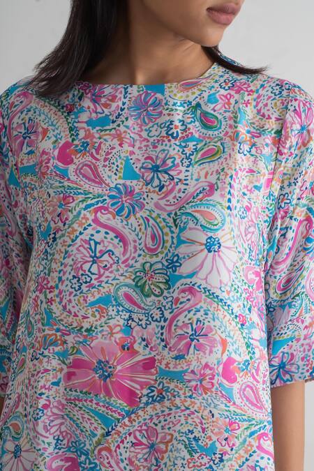 Shop_Merakus_Multi Color Modal, Silk Embroidery Round Neck Doodle Print Kurta And Pant Set _Online_at_Aza_Fashions