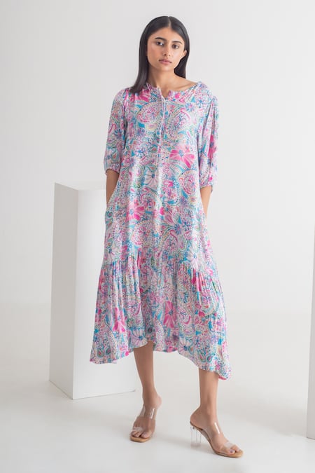 Merakus Multi Color Modal Silk Printed Doodle Round Dress With Slip 