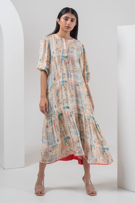 Merakus Multi Color Modal Silk Printed Imperial Round Dress With Slip  