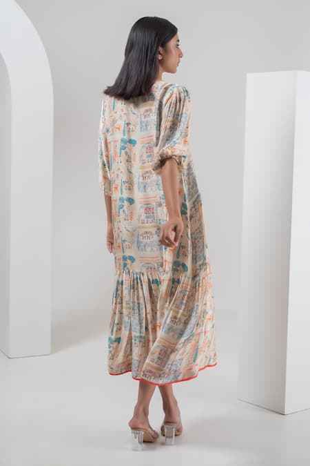 Shop_Merakus_Multi Color Modal, Silk Round Neck Imperial Print Dress With Slip _at_Aza_Fashions