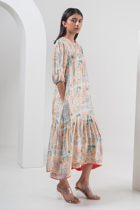 Merakus_Multi Color Modal, Silk Round Neck Imperial Print Dress With Slip _Online_at_Aza_Fashions