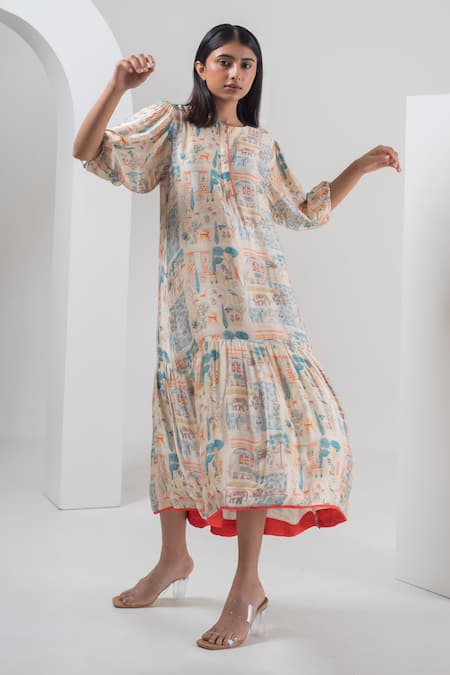 Buy_Merakus_Multi Color Modal, Silk Round Neck Imperial Print Dress With Slip _Online_at_Aza_Fashions