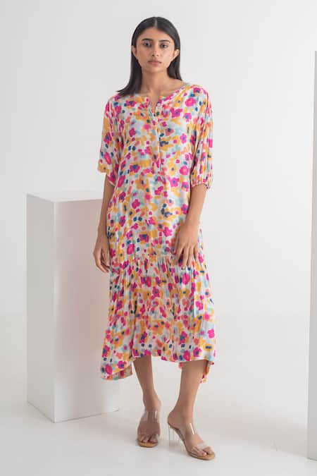 Merakus Multi Color Modal Silk Printed Floral Round Dress With Slip  