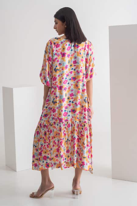 Shop_Merakus_Multi Color Modal, Silk Round Neck Floral Print Dress With Slip _at_Aza_Fashions