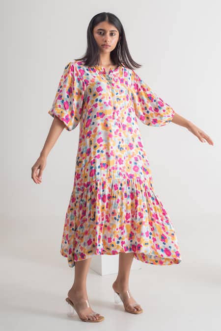 Merakus_Multi Color Modal, Silk Round Neck Floral Print Dress With Slip _Online_at_Aza_Fashions