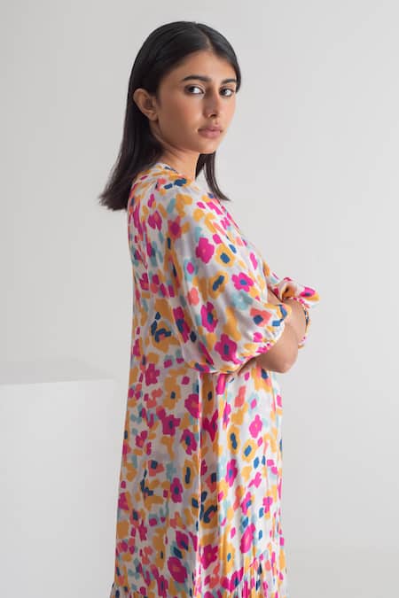 Buy_Merakus_Multi Color Modal, Silk Round Neck Floral Print Dress With Slip _Online_at_Aza_Fashions