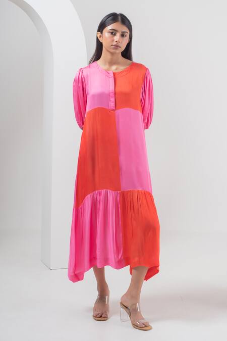 Merakus Multi Modal Silk Blocked Round Dress With Slip 