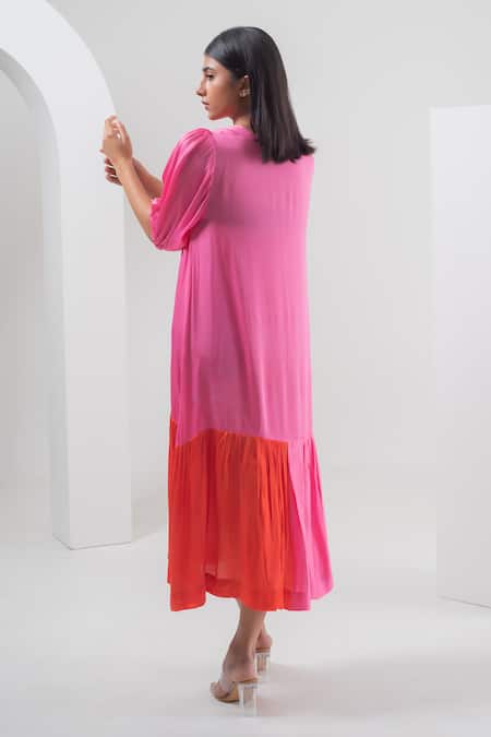 Shop_Merakus_Multi Color Modal, Silk Round Neck Blocked Dress With Slip _at_Aza_Fashions