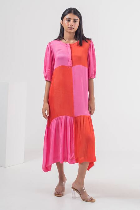 Merakus_Multi Color Modal, Silk Round Neck Blocked Dress With Slip _Online_at_Aza_Fashions