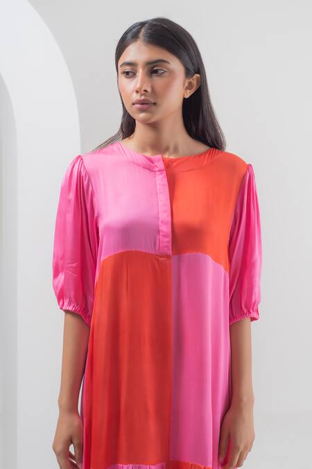 Shop_Merakus_Multi Color Modal, Silk Round Neck Blocked Dress With Slip _Online_at_Aza_Fashions