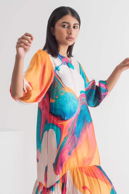 Merakus_Multi Color Modal, Silk Round Neck Abstract Print Dress With Slip _Online_at_Aza_Fashions
