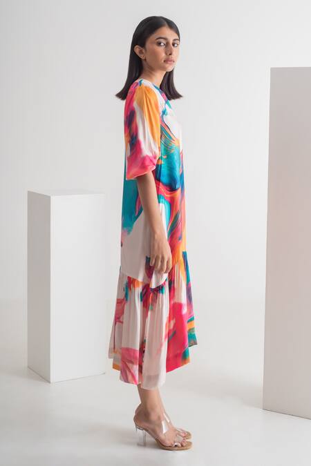 Buy_Merakus_Multi Color Modal, Silk Round Neck Abstract Print Dress With Slip _Online_at_Aza_Fashions