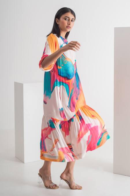Shop_Merakus_Multi Color Modal, Silk Round Neck Abstract Print Dress With Slip _Online_at_Aza_Fashions