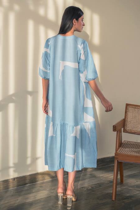 Shop_Merakus_Blue Cotton Round Neck Abstract Print Dress _at_Aza_Fashions