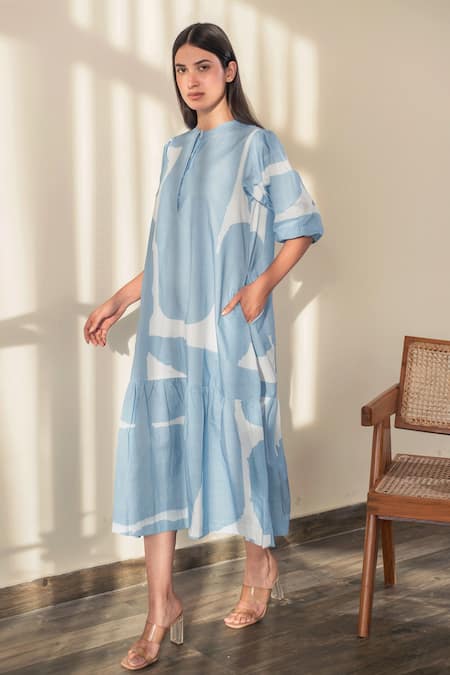 Merakus_Blue Cotton Round Neck Abstract Print Dress _Online_at_Aza_Fashions
