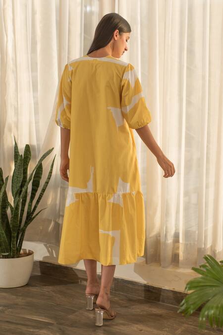 Shop_Merakus_Yellow Cotton Round Neck Abstract Print Flared Dress _at_Aza_Fashions