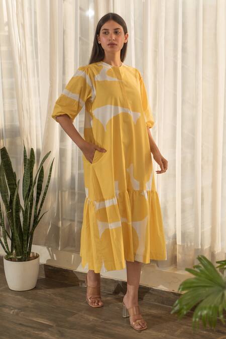 Buy_Merakus_Yellow Cotton Round Neck Abstract Print Flared Dress _Online_at_Aza_Fashions