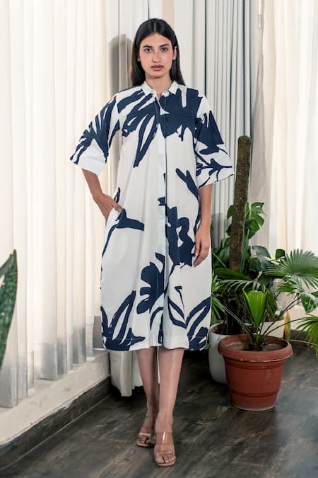 Merakus Black Cotton Printed Floral Abstract Shirt Collar Dress  