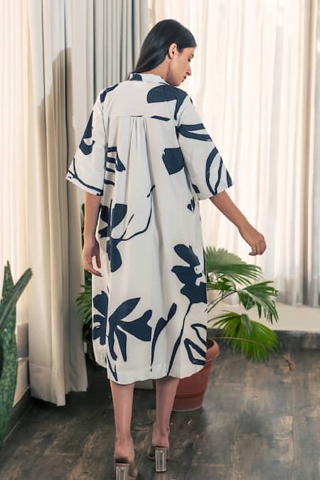 Shop_Merakus_Black Cotton Shawl Neck Floral Abstract Print Shirt Dress _at_Aza_Fashions