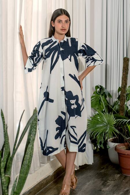 Merakus_Black Cotton Shawl Neck Floral Abstract Print Shirt Dress _Online_at_Aza_Fashions