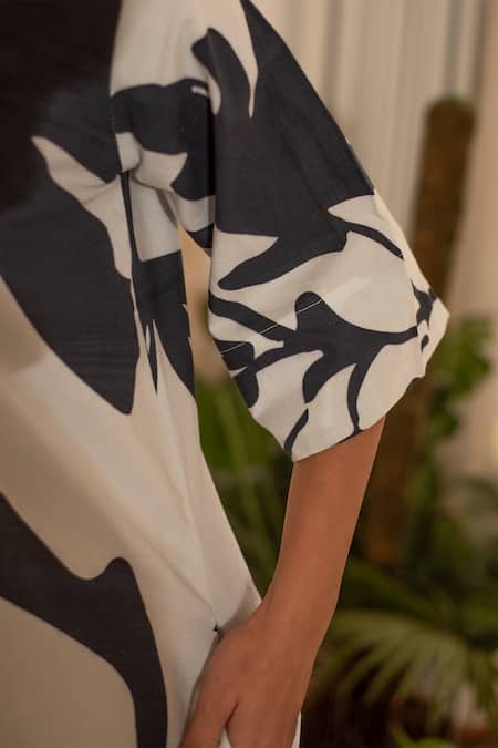 Buy_Merakus_Black Cotton Shawl Neck Floral Abstract Print Shirt Dress _Online_at_Aza_Fashions