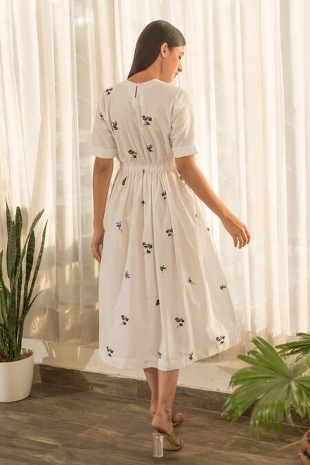 Shop_Merakus_White Cotton Round Neck Floral Print Dress _at_Aza_Fashions