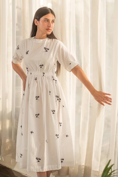 Buy_Merakus_White Cotton Round Neck Floral Print Dress _Online_at_Aza_Fashions