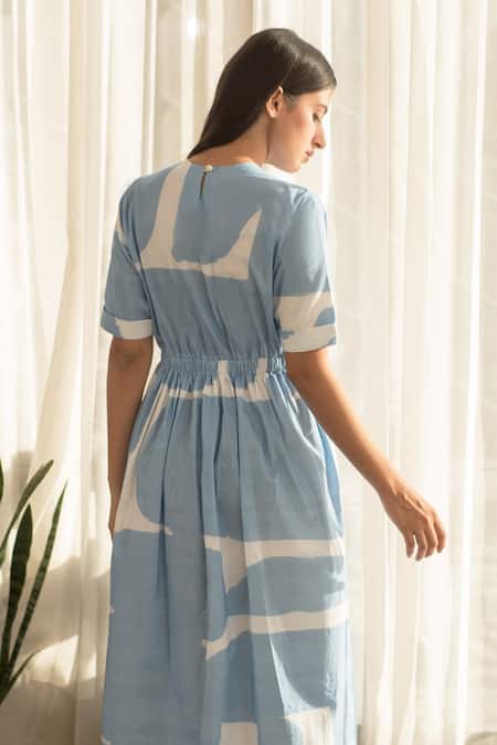 Shop_Merakus_Blue Cotton Round Neck Contrast Abstract Print Dress _at_Aza_Fashions