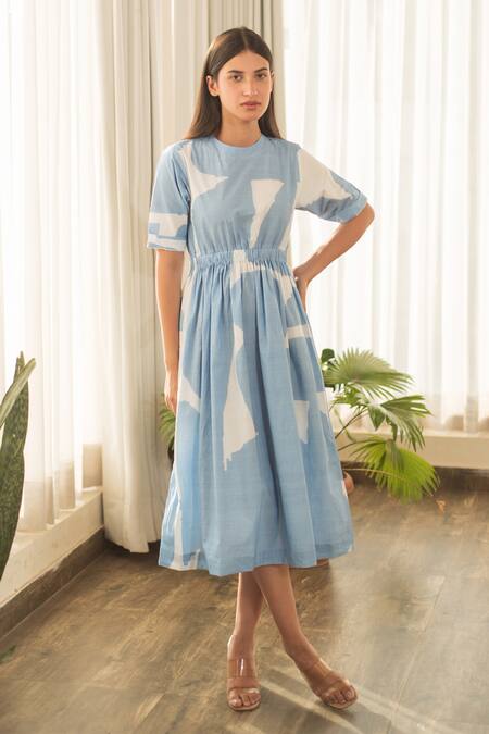Merakus_Blue Cotton Round Neck Contrast Abstract Print Dress _Online_at_Aza_Fashions