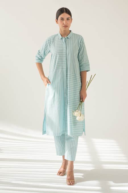 Merakus Blue Cotton Printed Stripe Shirt Collar Tunic With Pant  