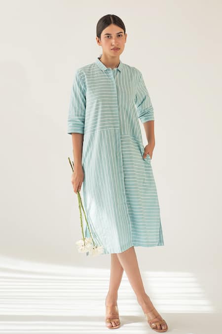 Merakus Blue Cotton Printed Stripe Shirt Collar Dress  