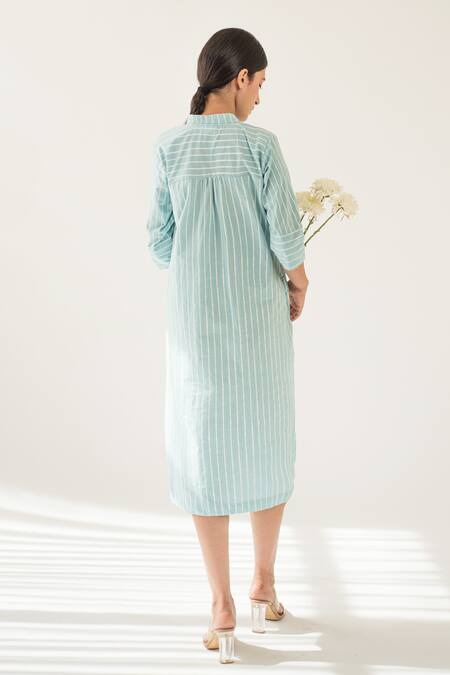 Shop_Merakus_Blue Cotton Shawl Neck Stripe Print Dress _at_Aza_Fashions