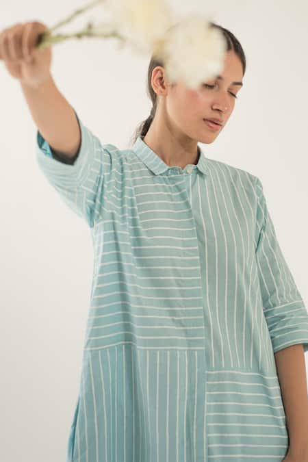Merakus_Blue Cotton Shawl Neck Stripe Print Dress _Online_at_Aza_Fashions