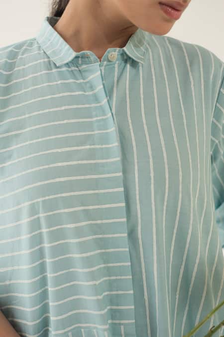 Buy_Merakus_Blue Cotton Shawl Neck Stripe Print Dress _Online_at_Aza_Fashions