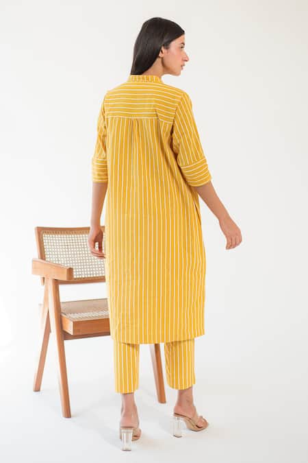 Shop_Merakus_Yellow Cotton Shawl Neck Contrast Striped Tunic With Pant _at_Aza_Fashions