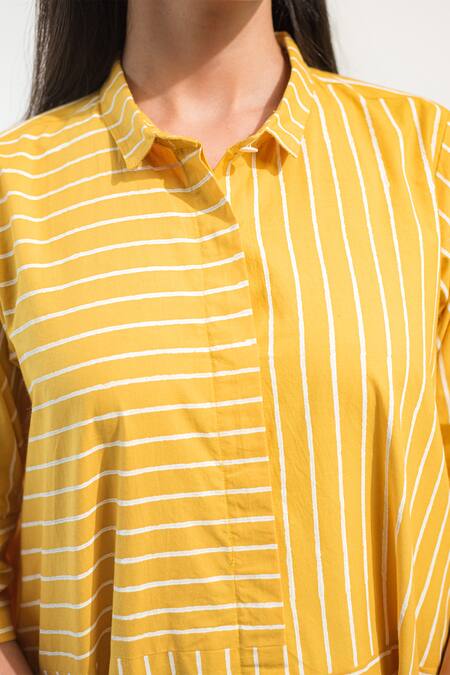 Buy_Merakus_Yellow Cotton Shawl Neck Contrast Striped Tunic With Pant _Online_at_Aza_Fashions