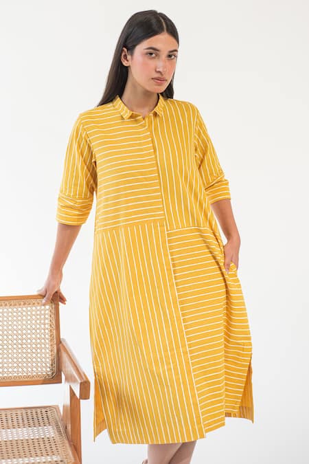 Merakus_Yellow Cotton Shawl Neck Contrast Striped Dress _Online_at_Aza_Fashions