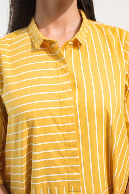 Buy_Merakus_Yellow Cotton Shawl Neck Contrast Striped Dress _Online_at_Aza_Fashions