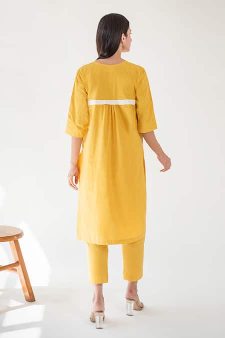 Shop Merakus Yellow Cotton Applique Round Neck Contrast Kurta Pant Set at Aza Fashions Shop_Merakus_Yellow Cotton Applique Round Neck Contrast Kurta Pant Set _at_Aza_Fashions