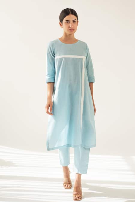 Shop Merakus Blue Cotton Applique Round Neck Kurta Pant Set at Aza Fashions Shop_Merakus_Blue Cotton Applique Round Neck Kurta Pant Set _at_Aza_Fashions