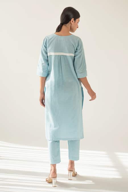 Shop_Merakus_Blue Cotton Applique Round Neck Kurta With Pant _at_Aza_Fashions